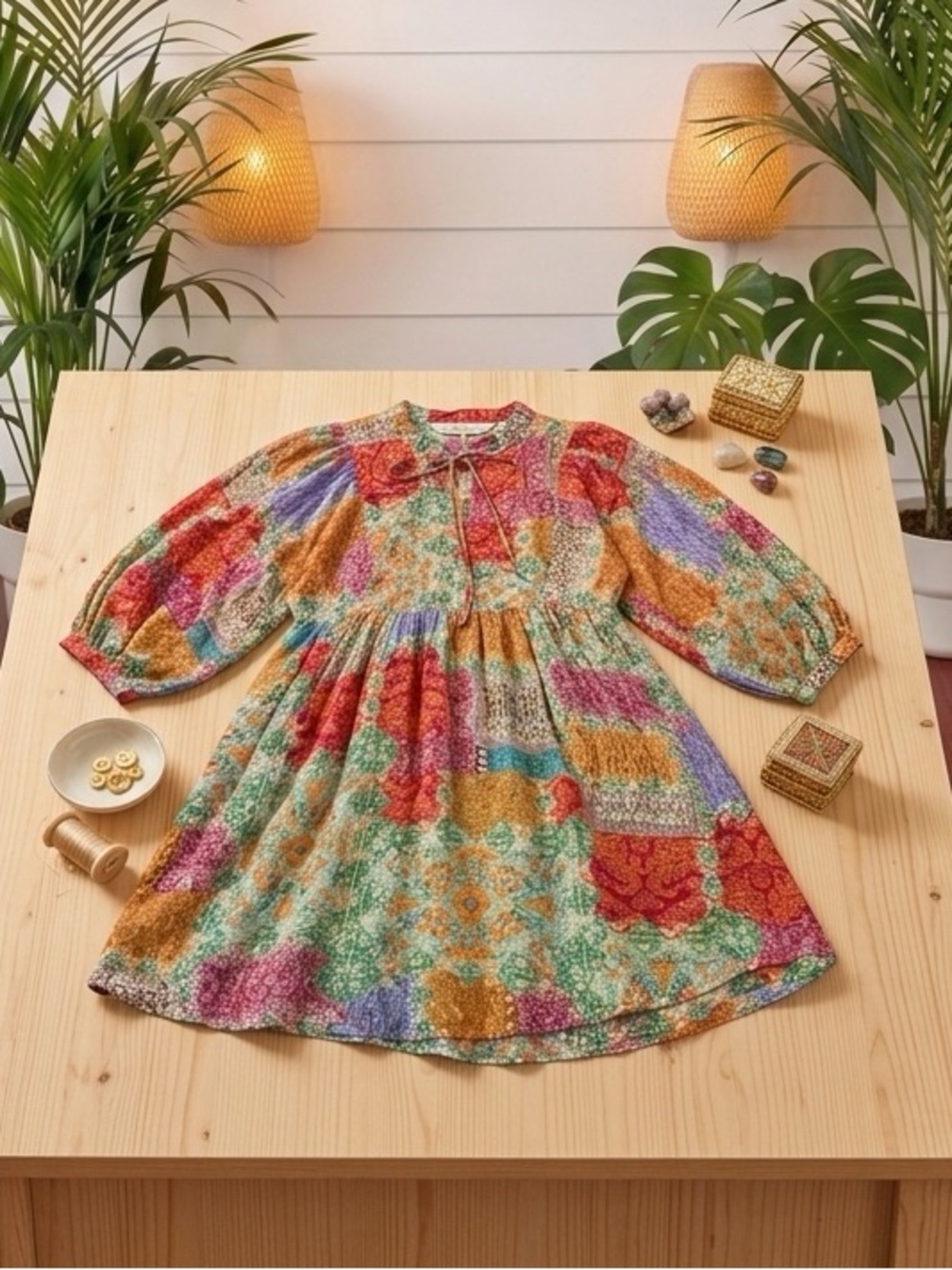 Jodifil Patchwork Balloon Sleeve Bohemian Dream Dress